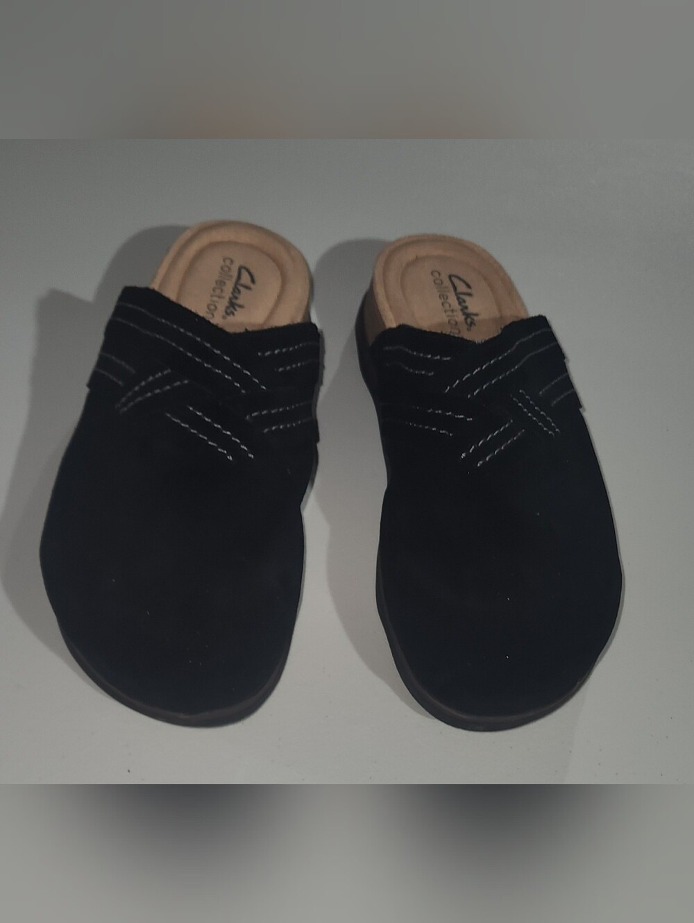 Women's Clarks Black Brynn Glide Leather Suede Slip-On Mules Size US 8